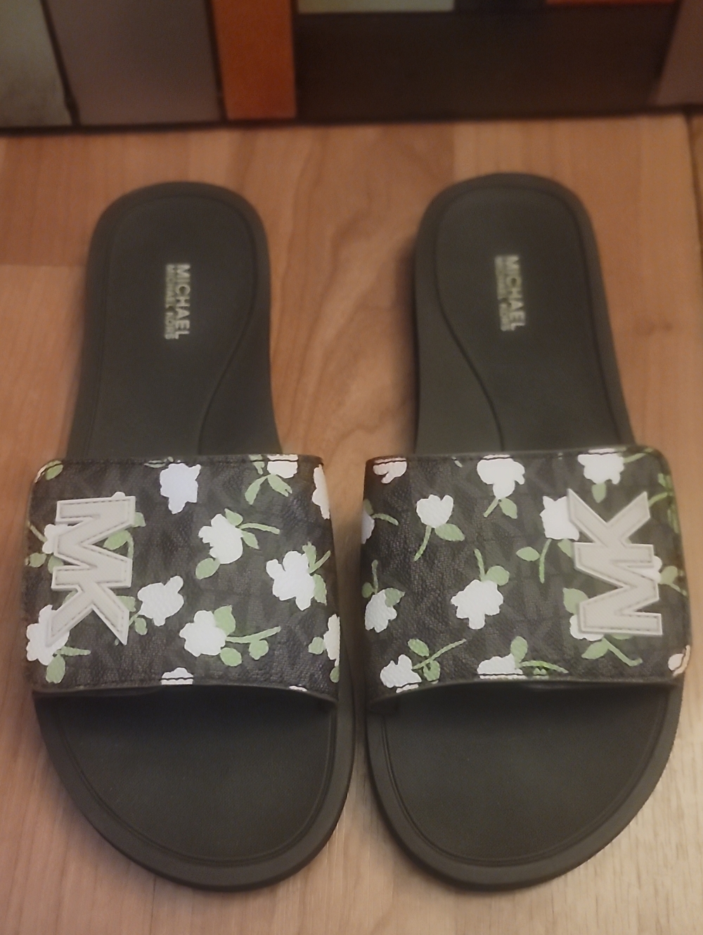 Michael Kors Black Floral MK Logo Slide Sandals